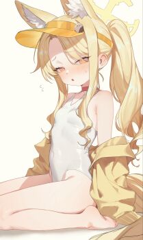 1girl alternate_costume animal_ear_fluff animal_ears bare_legs bare_shoulders barefoot blonde_hair blue_archive blush breasts cardigan casual_one-piece_swimsuit choker collarbone covered_navel cross_halo extra_ears feet flying_sweatdrops fox_ears fox_girl fox_tail gradient_eyes halo heoningu highleg highleg_one-piece_swimsuit highres jacket legs loli long_hair looking_at_viewer multicolored_eyes off_shoulder official_alternate_costume one-piece_swimsuit open_clothes open_jacket open_mouth orange_eyes parted_bangs parted_lips pink_eyes ponytail red_choker seia_(blue_archive) seia_(swimsuit)_(blue_archive) side_ponytail sidelocks simple_background sitting small_breasts solo swimsuit tail thighs toes visor_cap wariza white_background white_one-piece_swimsuit yellow_background yellow_cardigan yellow_eyes yellow_halo yellow_jacket yellow_visor_cap