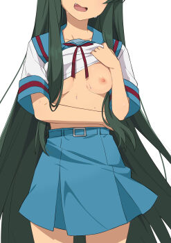 Rule 34 | 1girl, belt, blue belt, blue sailor collar, blue skirt, breasts, breasts out, clothes lift, collarbone, embarrassed, green hair, head out of frame, highres, kita high school uniform, lifting own clothes, long hair, medium breasts, morisobo, nipples, open mouth, pleated skirt, red ribbon, ribbon, sailor collar, school uniform, serafuku, shirt lift, short sleeves, simple background, skirt, solo, standing, summer uniform, suzumiya haruhi no yuuutsu, sweat, tongue, tsuruya, very long hair, white background