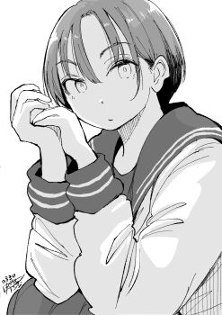 1girl absurdres dated greyscale hadashi_no_kenji highres long_sleeves looking_at_viewer monochrome original own_hands_together short_hair simple_background solo tomboy white_background