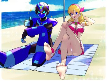 1boy 1girl alia_(mega_man) alternate_universe android anklet arm_on_knee armor barefoot beach blonde_hair blue_armor blue_eyes blue_sky breasts cloud cloudy_sky commentary crossed_legs english_commentary faceless hand_on_own_knee headband highres humanoid_robot jewelry knees large_breasts mechanical_arms mechanical_legs mega_man_(series) mega_man_x_(series) no_pupils ocean open_mouth pink_headband rikka_(user_hruv2435) robot robot_ears robot_girl sitting skirt sky smile soles swimsuit swimsuit_alia_(mega_man) thumbs_up toes white_skirt x_(mega_man)