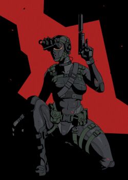 1girl ammunition_belt ammunition_pouch balaclava black_bodysuit black_boots black_op_(half-life) bodysuit boots commentary english_commentary glock gloves gun half-life half-life_(series) half-life_1 handgun hat_legs highres holding holding_gun holding_weapon mask night_vision_device on_one_knee pouch solo suppressor trigger_discipline weapon