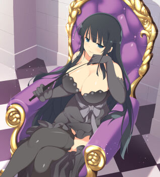 1girl armpit_crease black_dress black_gloves black_hair black_thighhighs blue_eyes blunt_bangs blush breasts cleavage collarbone crossed_legs dominatrix dress elbow_gloves evening_gown gloves gold gown hime_cut holding holding_riding_crop ikaruga_(senran_kagura) indoors large_breasts light_particles long_hair looking_at_viewer non-web_source official_art parted_lips riding_crop senran_kagura senran_kagura_new_wave senran_kagura_shoujo-tachi_no_shin&#039;ei shiny_skin side_slit sitting_on_throne smile smirk solo sparkle thighhighs throne tile_floor tiles very_long_hair waist_ribbon