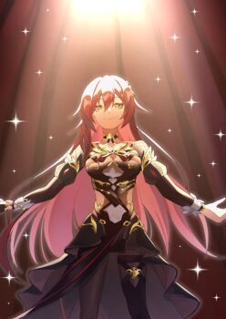 1girl 332e_e black_dress black_pantyhose breasts brown_hair clothing_cutout commentary_request dress eden_(honkai_impact) highres honkai_(series) honkai_impact_3rd large_breasts long_hair pantyhose side_cutout smile solo spotlight very_long_hair yellow_eyes