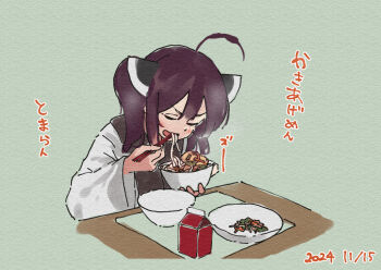 1girl ahoge blush bowl brown_hair chopsticks closed_eyes dated drink_carton food food_request green_background headgear holding holding_bowl holding_chopsticks japanese_clothes kimono lamb_(hitsujiniku) long_sleeves milk_carton noodles open_mouth solo touhoku_kiritan translation_request twintails upper_body v-shaped_eyebrows voiceroid white_kimono wide_sleeves