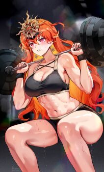 1girl alternate_costume augusta_(wuthering_waves) barbell bare_shoulders black_shorts black_sports_bra blush breasts cleavage collarbone colored_inner_hair commentary earrings exercising feet_out_of_frame fingernails foxyreine hair_between_eyes headgear highres jewelry large_breasts long_hair looking_ahead multicolored_hair muscular muscular_female navel orange_hair parted_lips red_eyes shorts signature solo sports_bra squatting stomach sun_earrings sweat thighs v-shaped_eyebrows very_long_hair weightlifting wuthering_waves