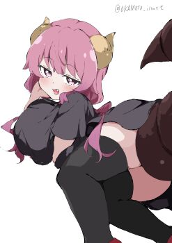 1girl absurdres ass black_shirt black_thighhighs blush breasts dragon_horns dragon_tail fang highres horns huge_breasts ilulu_(maidragon) kobayashi-san_chi_no_maidragon long_hair lying on_side open_mouth oversized_clothes oversized_shirt pink_eyes pink_hair red_shoes shirt shoes solo t-shirt tail thighhighs thighs twintails twitter_username white_background white_gorilla_(okamoto)