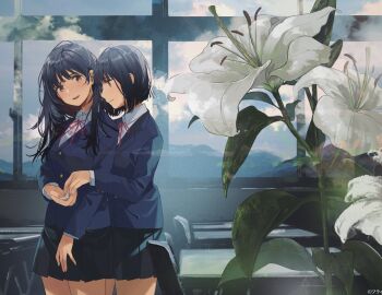 Rule 34 | 2girls, artist name, black hair, blue jacket, brown eyes, chair, classroom, closed mouth, collared shirt, commentary, copyright notice, desk, flower, fly (marguerite), highres, jacket, lily (flower), long hair, long sleeves, multiple girls, neck ribbon, official art, open mouth, original, oversized flower, red ribbon, ribbon, school chair, school desk, shirt, short hair, slice of life, teeth, upper teeth only, white shirt, window, yuri