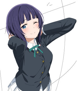 1girl ;) arms_behind_back asaka_karin black_hair blue_eyes breasts hands_on_own_neck hatenoga highres large_breasts light_blush looking_at_viewer love_live! love_live!_nijigasaki_high_school_idol_club medium_hair nijigasaki_school_uniform one_eye_closed school_uniform simple_background smile white_background