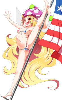 1girl american_flag american_flag_bikini american_flag_print bare_legs bare_shoulders barefoot bikini blonde_hair blush breasts clownpiece fang flag_print flag_print_bikini front-tie_bikini_top front-tie_top gluteal_fold hat highres indica jester_cap loli long_hair looking_at_viewer navel open_mouth polka_dot_headwear print_bikini purple_hat red_eyes side-tie_bikini_bottom simple_background skin_fang small_breasts smile solo split standing standing_on_one_leg standing_split stomach string_bikini swimsuit touhou very_long_hair white_background