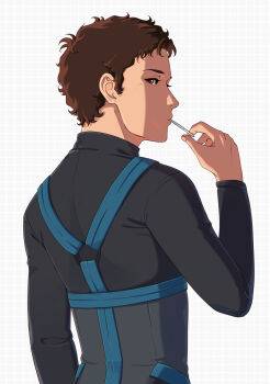 1boy black_bodysuit bodysuit brown_eyes brown_hair enelous from_behind grey_background grid_background gundam gundam_hathaway's_flash hathaway_noa highres lollipop_in_mouth long_sleeves looking_at_viewer male_focus mouth_hold profile short_hair sideways_glance solo upper_body very_short_hair