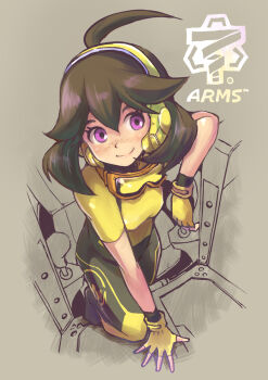 Rule 34 | 1girl, ahoge, arms (game), bodysuit, brown hair, commentary request, control stick, controller, copyright name, fingerless gloves, freckles, from above, gloves, goggles, goggles around neck, grey background, headphones, joystick, looking at viewer, mecha, mechanica (arms), medium hair, purple eyes, robot, satomura kyou, short sleeves, smile, solo