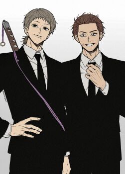 2boys chainsaw_man colorized division_2_lieutenant_(chainsaw_man) face_piercing highres kuroiisana lip_piercing male_focus multiple_boys necktie nomo_(chainsaw_man) piercing scar scar_on_face scar_on_mouth smile sword tuxedo weapon