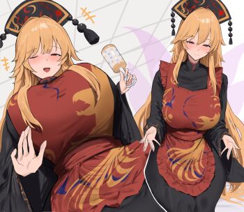 +++ 1girl 258n apron black_dress black_hat blonde_hair blush breasts closed_mouth dalachi_(headdress) dress hat highres holding holding_rattle huge_breasts junko_(touhou) long_hair long_sleeves looking_at_viewer multiple_views open_mouth phoenix_print rattle red_apron red_eyes smile touhou very_long_hair wide_sleeves
