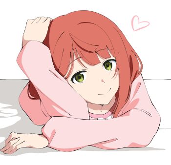 1girl absurdres closed_mouth commentary green_eyes heart highres long_hair long_sleeves looking_at_viewer loungewear love_live! love_live!_nijigasaki_high_school_idol_club lying nervous_smile official_alternate_costume on_stomach orange_hair pink_shirt shirt simple_background smile solo split_mouth uchuu_no_mozuku uehara_ayumu white_background