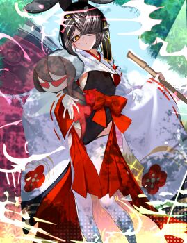 1girl absurdres animal_ears black_hair black_leotard breasts broom brown_eyes crop_top fake_animal_ears fate/grand_order fate_(series) hair_over_one_eye highleg highleg_leotard highres japanese_clothes kitsunebi44410 lady_yu_doll leotard long_sleeves looking_at_viewer miko mole mole_under_eye playboy_bunny rabbit_ears red_skirt short_hair shrug_(clothing) skirt small_breasts solo thighhighs thighs white_shrug white_thighhighs wide_sleeves xu_fu_(fate)