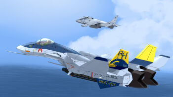 aircraft airplane cloud commentary_request fighter_jet flight_suit flying g-suit gunpod hawker_harrier helmet highres macross macross_zero military_vehicle mizuki_(mizuki_ame) ocean original pilot pilot_suit radio_antenna real_life roundel science_fiction u.n._spacy variable_fighter vf-0 vf-0c water