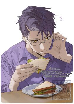Rule 34 | ^^^, alternate costume, bread, cheese, collared shirt, commentary, corbeau (pokemon), eating, food, glasses, highres, holding, holding food, holding sandwich, kitsune (ly howe), lettuce, male focus, mustard, nintendo, no, plate, pokemon, pokemon legends: z-a, purple hair, purple shirt, sandwich, shirt, slit pupils, table, thumb sucking, tomato, tomato slice, tsurime, twitter username, untranslatable commentary, white background, yellow eyes