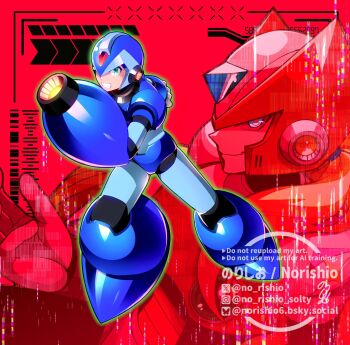 Rule 34 | 2boys, arm cannon, armor, blue armor, blue helmet, forehead jewel, full body, helmet, highres, male focus, mega man (series), mega man x (series), multiple boys, no-rishio, red background, solo focus, watermark, weapon, x (mega man), zero (mega man)