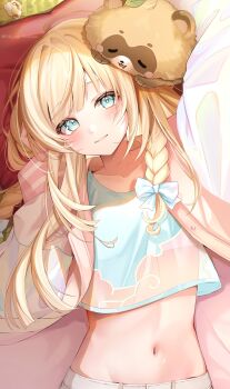 1girl arm_up blonde_hair blue_eyes blue_shirt bow braid crop_top crop_top_overhang grin hair_bow highres hololive jacket kazama_iroha kazama_iroha_(street) long_hair looking_at_viewer lying midriff miyagi_ratona navel official_alternate_costume on_back open_clothes open_jacket pillow pink_jacket pokobee see-through_clothes see-through_shirt shirt smile solo stomach upper_body virtual_youtuber