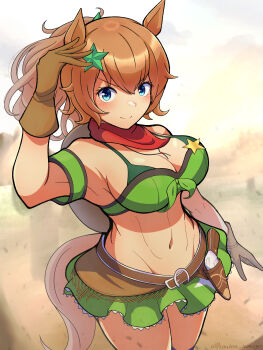1girl absurdres animal_ears arm_up armband armpits bare_shoulders blue_eyes blush breasts brown_gloves brown_hair cleavage closed_mouth colt_single_action_army commentary cowboy_shot crop_top gloves green_armband green_shirt green_skirt groin gun hair_between_eyes hair_ornament handgun hat_on_back highres holstered horse_ears horse_girl horse_tail houton_tamago large_breasts long_hair looking_at_viewer midriff navel pleated_skirt ponytail red_scarf revolver scarf sheriff_badge shirt sidelocks skirt sleeveless sleeveless_shirt smile solo standing star_(symbol) star_hair_ornament star_print taiki_shuttle_(umamusume) tail twitter_username umamusume weapon