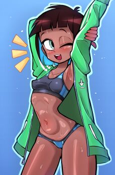 1girl ahoge arm_behind_head arms_up blue_background blush breasts brown_hair cameltoe collarbone dark_skin green_eyes green_jacket grey_panties grey_sports_bra jacket loli long_sleeves looking_to_the_side luna_(rukisan) navel open_clothes open_jacket open_mouth original panties rukisan(pixiv) short_hair small_breasts smile sports_bra standing stretching sweat teeth track_jacket underwear