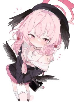 1girl artist_name bag_charm beret black_bag black_cardigan black_shoes black_wings blue_archive cardigan charm_(object) commentary_request feathered_wings floating_hair flower flower_hairclip from_above full_body halo hat head_wings highres imaichichan kneehighs koharu_(blue_archive) leaning_to_the_side light_blush long_sleeves looking_at_viewer medium_hair multiple_wings neckerchief notice_lines own_hands_together pink_eyes pink_hair pink_halo pink_neckerchief pink_skirt pleated_skirt red_flower red_rose rose sailor_collar shoes simple_background single_bare_shoulder skirt snail_charm socks solo standing twitter_username white_background white_sailor_collar white_socks winged_hat wings