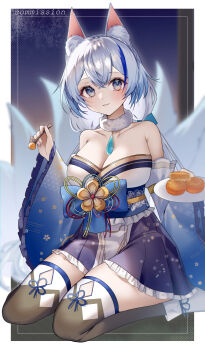 1girl absurdres animal_ear_fluff animal_ears bare_shoulders blue_bow blue_eyes blue_hair blue_sash blue_sleeves blurry blurry_background bow breasts chiyo_miketsukami_(vtuber) cleavage collared_shirt commission detached_sleeves food fox_ears fox_girl fox_tail fur_collar gradient_eyes highres indie_virtual_youtuber large_breasts long_hair long_sleeves looking_at_viewer multicolored_eyes multicolored_hair multiple_tails obi obijime pastry sash shirt sitting skeb_commission solo streaked_hair tail tanaka_(tps9g) virtual_youtuber wariza white_hair wide_sleeves