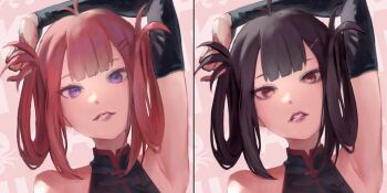 1girl alternate_eye_color alternate_hair_color armpits artist_collaboration atelier_live black_hair brown_eyes commentary dual_persona elbow_gloves english_commentary eyebrows_hidden_by_hair gloves hair_ornament hair_rings hairclip highres hyde_(tabakko) kani_kanizawa looking_at_viewer parted_lips purple_eyes red_hair second-party_source split_screen tagicrabbu virtual_youtuber