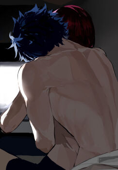 2boys back back_focus backlighting black_hair black_shorts computer ensemble_stars! from_behind front-to-back geetasdog highres hug hug_from_behind indoors male_focus monitor multiple_boys night red_hair saegusa_ibara sazanami_jun short_hair shorts sitting spread_legs upper_body very_short_hair yaoi