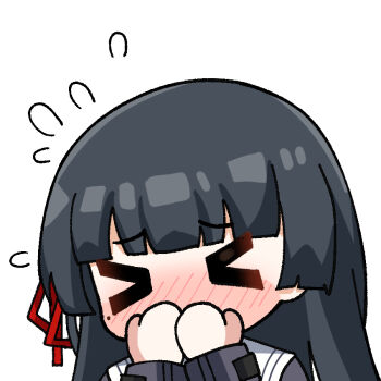 Rule 34 | > <, 1girl, black hair, blush, chibi, chibi only, chisa (wuthering waves), commentary, covering own mouth, flying sweatdrops, hair ribbon, long hair, mole, mole under eye, nose blush, portrait, red ribbon, ribbon, sailor collar, simple background, solo, sticker (medium), symbol-only commentary, twomoon, white background, white sailor collar, wuthering waves