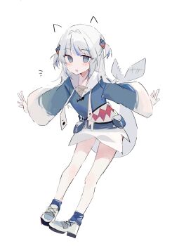 1girl animal_costume animal_hood blue_eyes blue_hair blue_hoodie blue_socks blush fins fish_tail full_body gawr_gura gawr_gura_(1st_costume) grey_hair hair_ornament highres hololive hololive_english hood hood_down hoodie kiri_y long_hair long_sleeves looking_at_viewer medium_hair multicolored_hair open_mouth outstretched_arms shark_costume shark_girl shark_hair_ornament shark_hood shark_tail shoes simple_background sneakers socks solo streaked_hair tail two_side_up virtual_youtuber white_background white_shoes wide_sleeves