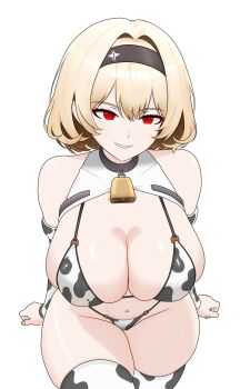 1girl animal_print bell bikini black_hairband blonde_hair breasts cleavage commentary cow_print cow_print_bikini cow_print_thighhighs cowbell detached_sleeves english_commentary goddess_of_victory:_nikke hairband highres large_breasts long_sleeves looking_at_viewer medium_hair navel neck_bell print_bikini print_thighhighs r3end red_eyes red_shoes_(nikke) simple_background sitting smile solo swimsuit thick_thighs thighhighs thighs wariza white_background