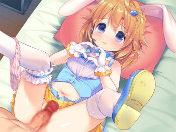 1boy 1girl animal_ears bare_shoulders blue_dress blue_eyes blue_shoes blush censored chishima_mako dress erection fang game_cg gloves hair_between_eyes hair_ornament hands_up headset heart heart_hair_ornament heart_hands hetero imminent_penetration indoors large_variant_set loli lying medium_hair mosaic_censoring navel no_panties non-web_source on_back on_bed orange_hair panties parted_lips penis pillow pink_panties piyodera_mucha rabbit_ears shoe_soles shoes sleeveless sleeveless_dress smile soushisouai_lolita_no_seikatsu spread_legs striped_clothes striped_dress thighhighs underwear variant_set vertical-striped_clothes vertical-striped_dress white_gloves white_thighhighs