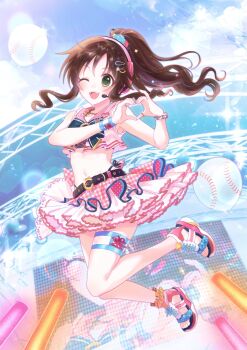 1girl balloon baseball belt black_belt brown_hair checkered_clothes checkered_skirt concert day floating frilled_skirt frills full_body glowstick green_eyes hair_ornament hairclip hands_up headphones headset heart heart_hands highres himekawa_yuki idol idolmaster idolmaster_cinderella_girls kiraku_(s2_ou0uo_s2) layered_skirt midriff navel one_eye_closed open_mouth outdoors pink_skirt ponytail sandals skirt smile solo star_(symbol) star_hair_ornament teeth thigh_strap upper_teeth_only