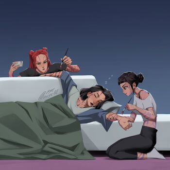 Rule 34 | 3girls, avyc02, black hair, blunt bangs, body markings, celine (kpop demon hunters), closed eyes, commentary, crop top, english commentary, hair bun, highres, holding, kpop demon hunters, leggings, long hair, mira (kpop demon hunters), multiple girls, painting (action), sidelocks, sleeping, socks, twintails, zoey (kpop demon hunters), zzz