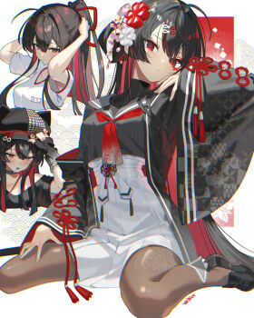 1girl ahoge animal_hat armpit_peek armpits black_choker black_gloves black_hair black_hat black_nails black_shirt black_shoes blush brown_pantyhose choker closed_mouth commentary_request crop_top fingerless_gloves flower flower_knot gloves gym_shirt hair_flower hair_ornament hair_ribbon hakama hand_on_headwear hat japanese_clothes loafers long_hair long_sleeves looking_at_viewer makeup mascara multicolored_hair multiple_views nail_polish neckerchief newsboy_cap one_side_up open_clothes open_mouth original pantyhose ponytail red_eyes red_hair red_neckerchief red_ribbon ribbon scottie_(phantom2) shirt shoes short_sleeves sitting tassel two-tone_hair very_long_hair wariza white_hakama white_shirt wide_sleeves