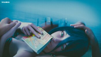 1boy 1girl 3d artist_name black_hair blurry blurry_background book chainsaw_man denji_(chainsaw_man) flower green_eyes hair_between_eyes hand_grab hand_on_another&#039;s_head highres holding holding_book holding_flower khaalida looking_at_viewer lying night ocean on_back outdoors pochita_(chainsaw_man) reze_(chainsaw_man)