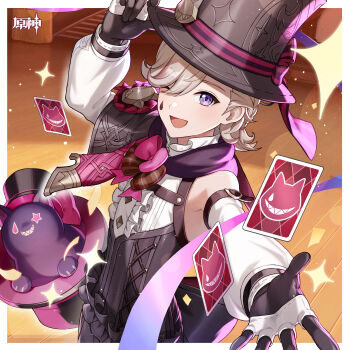 1boy ;d absurdres adjusting_clothes adjusting_headwear arm_up black_gloves black_hat bow card chinese_commentary commentary_request detached_sleeves genshin_impact gloves grey_hair hat highres long_sleeves looking_at_viewer lyney_(genshin_impact) male_focus official_art one_eye_closed open_mouth pink_bow purple_eyes reaching reaching_towards_viewer short_hair smile solo top_hat upper_body