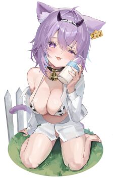 1girl animal_ears animal_print bikini black_bikini bottle cat_ears cat_girl cat_tail commentary cow_horns cow_print cow_print_bikini full_body highres hololive horns kneeling milk_bottle multicolored_bikini nekomata_okayu nyannyan_poa on_grass open_clothes open_shirt print_bikini purple_eyes purple_hair shirt short_hair simple_background solo swimsuit symbol-only_commentary tail two-tone_bikini virtual_youtuber white_background white_bikini white_shirt