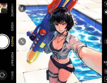 1girl absurdres bikini black_bikini black_hair breasts commentary dante_(devil_may_cry) devil_may_cry_(series) english_commentary green_eyes heterochromia highres holding holding_phone holding_water_gun jewelry lady_(devil_may_cry) large_breasts miss_faves navel necklace parted_lips phone red_eyes scar scar_on_face scar_on_nose shirt short_hair solo swimsuit tied_shirt water_gun wet