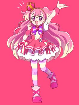 Rule 34 | 1girl, :d, arched crown, arm up, blonde hair, blush, boots, bow, bright pupils, brooch, butterfly earrings, capelet, chest bow, clenched hand, colored tips, commentary, crown, cure wonderful, dot nose, dress, dress bow, earrings, frilled wrist cuffs, frills, full body, gold hairband, hairband, happy, heart, heart brooch, highres, inukai komugi, jewelry, layered dress, leg up, long hair, looking at viewer, magical girl, mini crown, multicolored bow, multicolored hair, multicolored pantyhose, notice lines, open hand, open mouth, pact holder, pantyhose, petticoat, pink background, pink boots, pink bow, pink capelet, pink crown, pink dress, pink hair, pink pantyhose, pink theme, pink wrist cuffs, pouch, precure, puffy short sleeves, puffy sleeves, purple bow, purple eyes, short dress, short sleeves, smile, solo, standing, standing on one leg, striped bow, striped clothes, striped pantyhose, thick eyebrows, tilted headwear, twitter username, two-tone hair, two-tone pantyhose, two side up, very long hair, wonderful pact, wonderful precure!, wrist cuffs, yellow pantyhose, yellow pupils, yunapi79