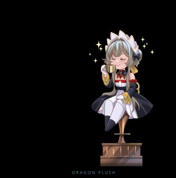 Rule 34 | 1girl, bare shoulders, black background, black bow, black shoes, bow, closed eyes, commentary, cup, dragon plush (139305), dress, english commentary, genshin impact, gloves, hair bow, highres, holding, holding cup, pantyhose, sandrone (genshin impact), shoes, sitting, smile, solo, white gloves, white pantyhose