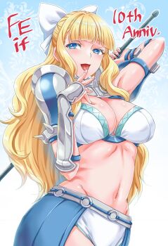 1girl ;p arm_behind_head armor armpits bikini_armor blonde_hair blue_eyes blush bow breasts charlotte_(fire_emblem) cleavage finger_to_mouth fire_emblem fire_emblem_fates hair_bow hand_on_own_chest highres large_breasts legs long_hair looking_at_viewer naughty_face navel nintendo one_eye_closed panties pauldrons shoulder_armor smile solo stomach thighs tongue tongue_out underwear wavy_hair white_bow white_panties