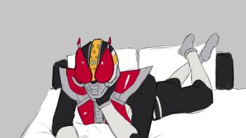 1boy armor bed belt bodysuit feet_up grey_background hand_on_own_face helmet kamen_rider kamen_rider_den-o kamen_rider_den-o_(series) legs_up lying male_focus mask masked masked_male momotaros on_bed on_stomach passingtwt red_armor red_eyes sketch