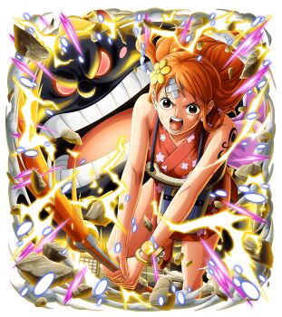 1girl 1other armor attack bare_arms bare_legs between_breasts bodskih breastplate breasts curvy electricity floating_hair flower hair_flower hair_ornament holding holding_weapon indoors injury japanese_clothes jumping kimono looking_ahead mask mouth_mask nami_(one_piece) nami_(one_piece)_(wano) non-web_source official_art one_piece one_piece_treasure_cruise open_mouth orange_eyes orange_hair polearm serious shiny_skin shoulder_tattoo solo tattoo transparent_background weapon wide_hips zeus_(one_piece)