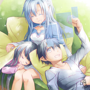 10s 1boy 2girls asuna_(sao) asuna_(sao-alo) black_hair blue_hair closed_eyes couch family floating_screen hologram holographic_interface kirito kirito_(sao-alo) leaning_on_person long_hair multiple_girls pillow pointy_ears sleeping sword_art_online umi111 yui_(sao)