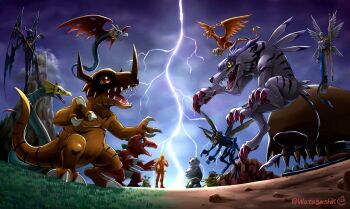 airdramon angel angemon bird birdramon black_bodysuit bodysuit demon devimon digimon digimon_(creature) dinosaur dragon feathers fire garurumon greymon group_picture horns lightning meramon numemon red_eyes red_feathers sea_serpent seadramon sharp_teeth slit_pupils snowman teeth twitter_username vegimon watagashikn whale whamon white_bodysuit wolf yellow_eyes yukidarumon