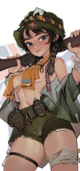 1girl absurdres ace_(playing_card) ace_of_spades australian_army australian_flag bandaged_leg bandages battle_rifle belt blue_eyes boonie_hat braid breasts brown_hair card commentary_request cowboy_shot explosive flag_background fn_fal green_belt green_hat green_shorts grenade gun hat highres jacket jacket_partially_removed korean_commentary looking_at_viewer medium_breasts military orange_scarf original playing_card rifle rifleman1130 scarf shorts smoke_grenade solo spade_(shape) twin_braids vietnam_war weapon