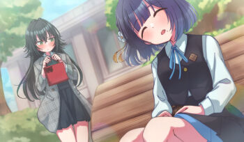 Rule 34 | 2girls, absurdres, bag, black overskirt, black skirt, black vest, blue skirt, blush, coat, commentary request, gakuen idolmaster, gift bag, green hair, grey coat, hair flaps, hataya misuzu, highres, holding, holding bag, idolmaster, looking at another, mole, mole under mouth, multiple girls, on bench, outdoors, purple hair, s aomidoro, shirt, sitting, skirt, skirt set, sleeping, tsukimura temari, vest, white shirt