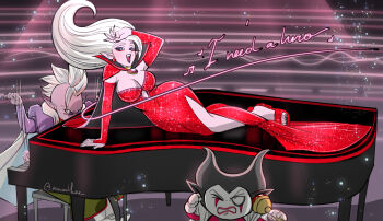 amartbee breasts cleavage collar colored_skin curvy degesu demon dr._arinsu dragon_ball dragon_ball_daima dress earrings english_text eyeshadow floating_hair gomah_(dragon_ball) grand_piano highres holding_ears instrument jewelry kaioushin large_breasts lying makeup mohawk music nail_polish on_piano on_side piano pink_skin playing_instrument playing_piano pointy_ears purple_eyes red_dress scepter shrek_(series) shrek_2 singing single_earring twitter_username white_hair